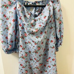 Charming English Floral Cottagecore Blue & Pink Dress with Bow Detail. Size 4